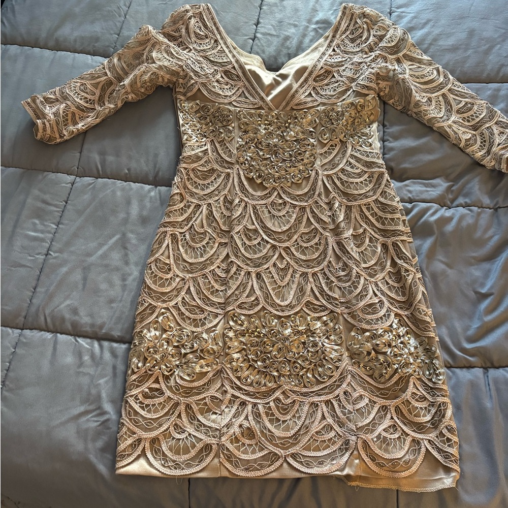 Sue Wong v-neck, evening dress, tan,embroidered,size 6